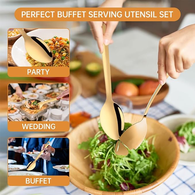 13-Inch Large Stainless Steel Serving Spoons Set, Long Handle Buffet Utensils, Dishwasher Safe (Gold, 6 piece)