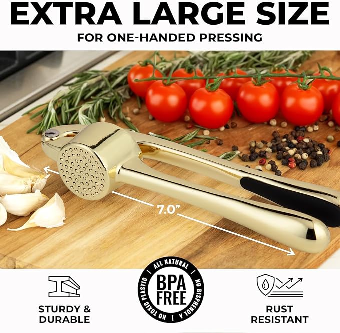 Zulay Kitchen Large Premium Garlic Press Set - Bigger Bowl for Bigger Garlic - Rust Proof Garlic Mincer Tool - Easy-Squeeze, Easy-Clean Silicone Garlic Peeler & Brush (Gold)