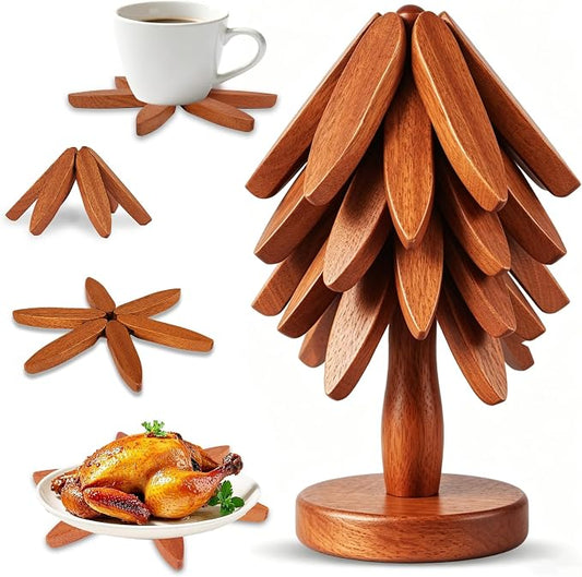 Wooden Tree Trivet Set - 4 Pcs Natural Wood Coasters Trivets for Hot Dishes, Christmas Tree Trivet for Hot Pots Pans, Artisanal Wooden Kitchen Accessories | Housewarming/Kitchen Gift