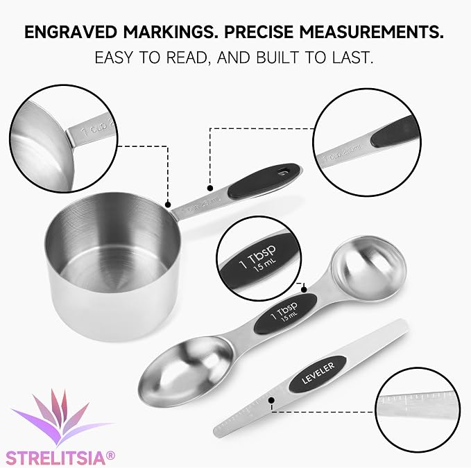 Magnetic Measuring Cups and Spoons Set, Stainless Steel, 14 Pcs | Food-grade 304 construction, strong N45 magnets, double-sided spoons, leveler included, for baking and cooking