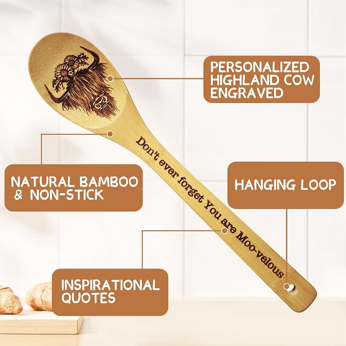 Highland Cow Gifts for Women, 6PCS Unique Highland Cow Print Bamboo Spoons Gifts Set with Keychain, Perfect Birthday Gifts for Mother's Day Bestie Sister