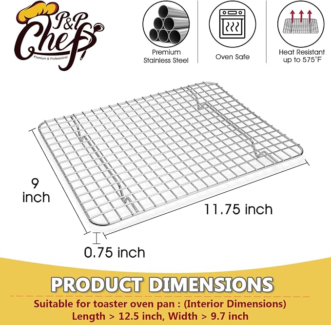 P&P CHEF 11.75 Inch Stainless Steel Cooling Baking Rack Set of 2 | Grid Cooking Racks for Griddle Roasting Grilling Warming, Good for Friends or Family, Oven & Dishwasher Safe, Heavy Duty