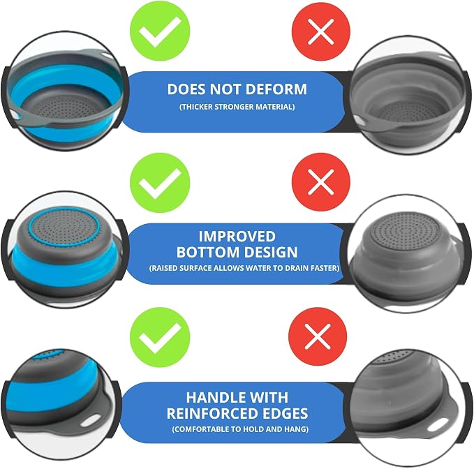 Blue Kitchen Strainer Colander Set - 2 PCS Collapsible Strainer Colander with Plastic Handles Silicone Food Grade Tools for Kitchen for Pasta and Spaghetti Multifunctional