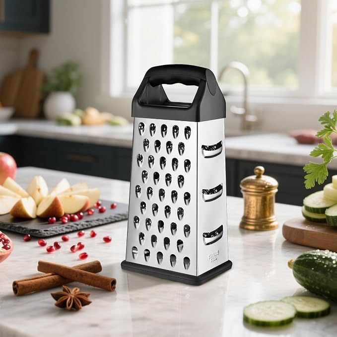 Kaishun 9IN Cheese Grater, 4-Sided Box Grater for Cheese, Vegetable & Fruit