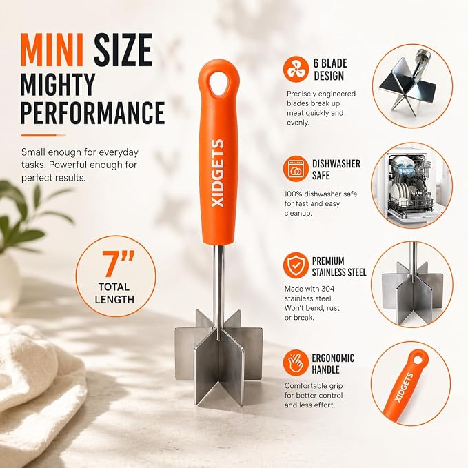 Stainless Steel Mini Meat Chopper & Cocktail Muddler| 6-Blade Chopper Tool | Small Smasher | Compact Ergonomic Handle | Dishwasher Safe - 7" (Retro Orange Mini)