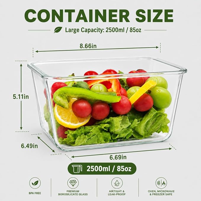 2 Pack Large Glass Storage Containers with Lids 85oz/10.5cup Big Airtight Glass Food Storage Containers for Rotisserie Chicken Watermelon Meal Prep, BPA Free, Freezer Dishwasher Oven Safe