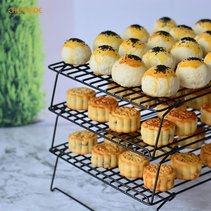 CHEFMADE Baking and Cooling Rack Set, 13.5-Inch 3-Tier Non-Stick Stackable Collapsible Rectangle Wire Rack for Oven Baking (Black)