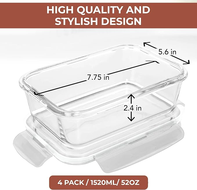 Razab 6.5 Cups / 52 Oz 4 Piece (2 Containers + 2 Lids) Glass Food Storage Containers Set with Airtight Locking Lids - For Storing, Baking & Serving BPA Free, Leakproof - Microwave, Freezer & Oven Safe