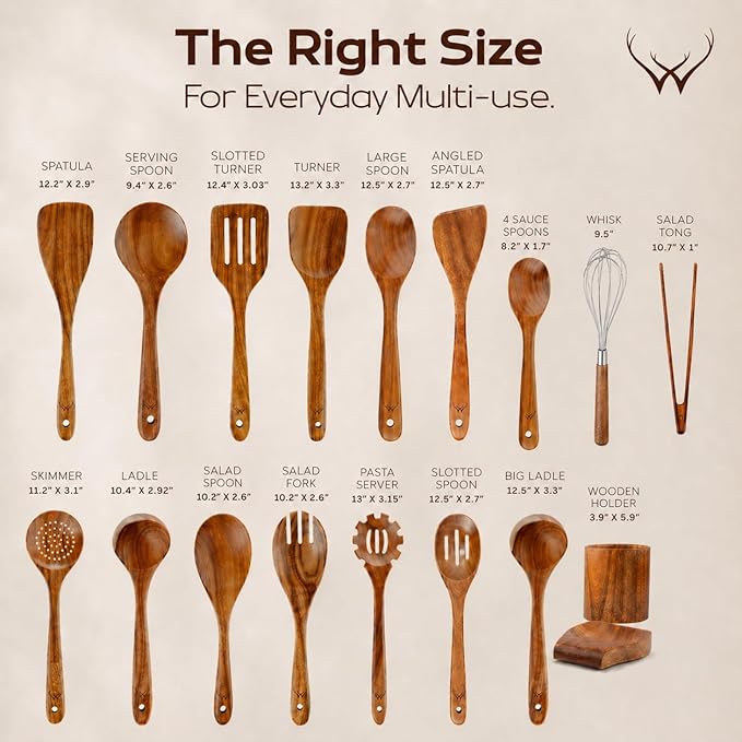 20 Pcs Teak Wooden Utensil Set – Premium Cooking Utensils Set, Natural Wooden Spoons for Cooking - Sturdy Kitchen Utensils & Cooking Spoons for Every Chef
