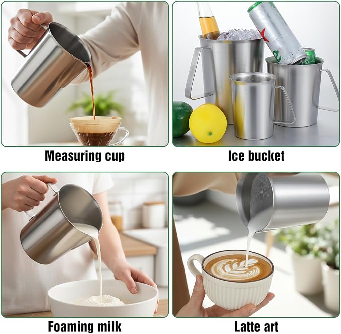 3 Pcs Stainless Steel Measuring Cups Set Metal Pitcher with Handle and Pour Spout Marked Pitcher for Latte Art Kitchen Bar 16oz/32oz/64oz (2/4/8 Cup)