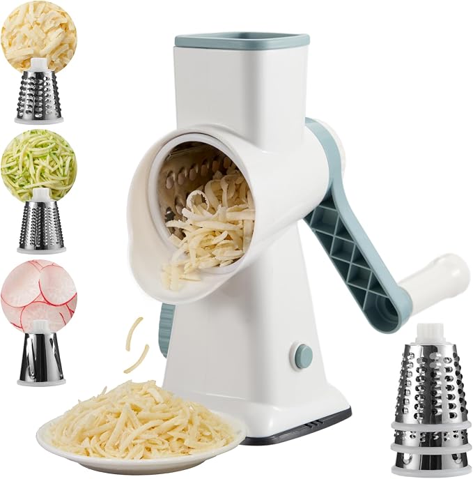 Rotary Cheese Grater hand crank 3 blades with Stronger Suction Base | Stainless Steel Blades for Fruits, Vegetables, Nuts. Dishwasher Safe & Easy to Clean, White