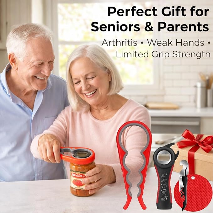 Jar Opener Bottle Opener for Weak Hands, Seniors with Arthritis 4PC-Set - Jar Lid, Can & Water Bottle Opener, Corkscrew Wine Opener, Non-Slip Rubber Jar Opener & Gripper Pad - Gifts for Parents