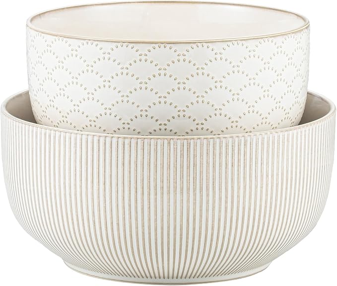 Mikiegy Ceramic Mixing Bowls Set of 2, Nesting Ceramic Embossment Stoneware Mixing Bowls for Cooking, Serving, Popcorn, Salad etc, Microwave & Dishwasher Safe, 98/145 oz, Off-White