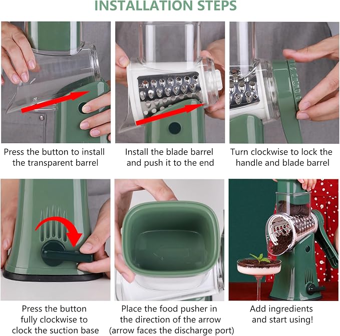 Rotary Cheese Grater: 5 in 1 Cheese Grater with Handle Vegetable Slicer with 5 Interchangeable Blades, Storage Box, Green Cheese Shredder with Strong Suction Base for Kitchen (White)