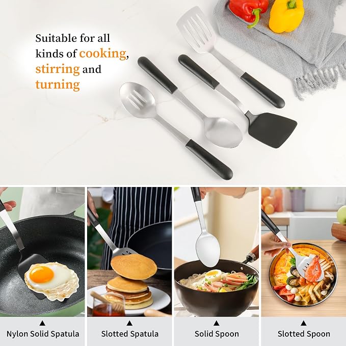4 Pcs Cooking Utensils Set, Stainless Steel Kitchen Utensils, Heat Resistant Metal Kitchen Tools Include Solid, Slotted Turner, Serving Spoon, Non-Stick Wok Spatula, Dishwasher Safe, Silver
