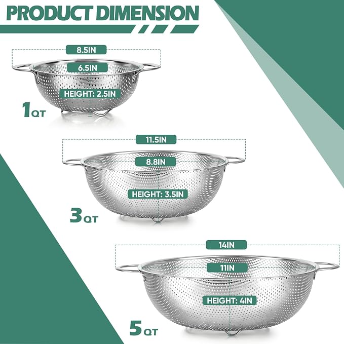 Leonyo Stainless Steel Colander Strainer for Kitchen Set of 3(1-3-5Quart) | Micro-Perforated Metal Strainers and Colanders with Handle for Kitchen Draining Pasta Rinsing,Steaming,Dishwasher Safe