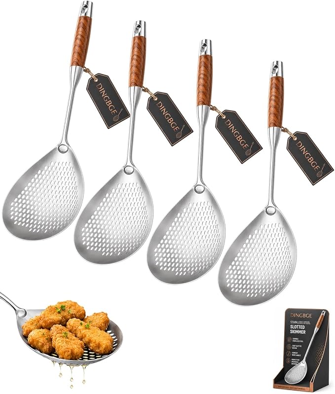 Wooden Handle Stainless Steel Skimmer Spoon Spider Strainer Slotted Scoop Frying Ladle Kitchen Gadgets Deep Fryer Cooking Draining Pasta Noodle Hot Pot Dumpling Seafood 304 Long(4PCS)