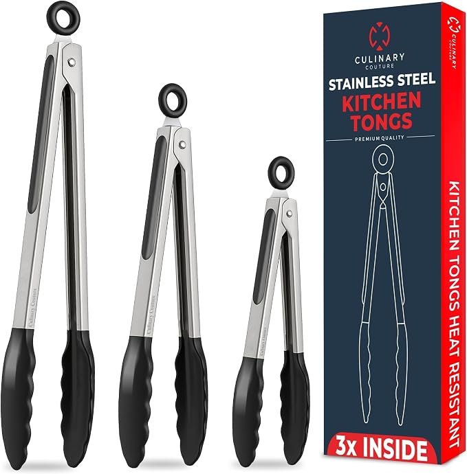 Kitchen Tongs with Silicone Tips Set of 3 Heat Resistant Tongs for Serving Food, 12-Inch, 9-Inch, 7-Inch Locking Silicone Tongs for Cooking, Salad Tong, Black Kitchen Utensils