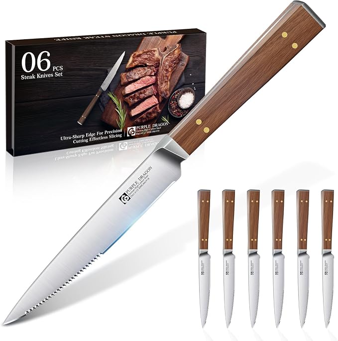 Purple Dragon Steak Knives Set of 6 - Smooth Edge Non-Serrated Blade with Square Wooden Handle – Elegant, Balanced, High Carbon German Steel - Christmas Gift for Men and Women