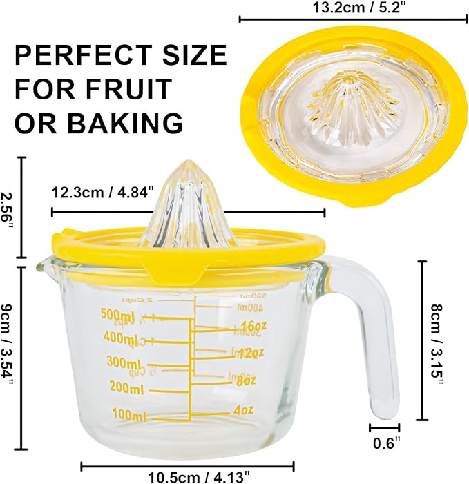 Cartman Glass Citrus Lemon Orange Juicer, Yellow Manual Hand Squeezer, Glass Citrus Reamer, Lemon and Lime Manual Squeezer,Kitchen tool,Ounce Measuring Cup