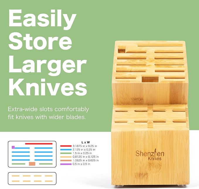 Shenzhen Knives 20 Slot Knife Block without Knives - Solid Wood Core Bamboo Veneer - X-Large 12.25x5.25x10.25 Inch Countertop Knife Holder Organizer and Kitchen Storage