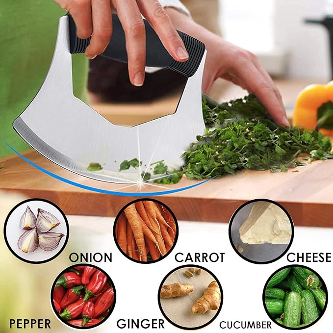 KAYCROWN Mezzaluna Knife Pizza Cutter Salad Chopper - Stainless Steel Sharp Rocker Ulu Knife with Protective Cover for Cutter Pizza, Meat, Vegetables, Herbs, Salad