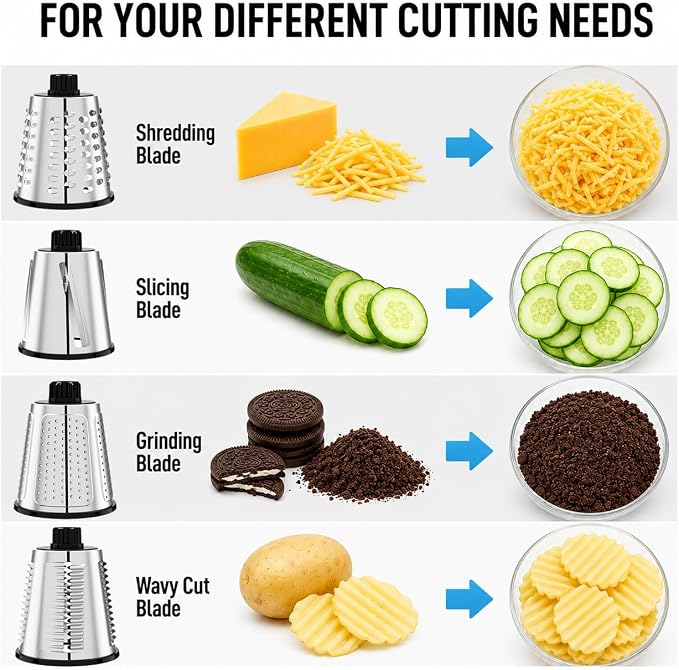 VEKAYA Rotary Cheese Grater Hand Crank with 4 Interchangeable Stainless Steel Blades, Large Manual Handle Shredder and Waffle Slicer for Vegetables, Cheese and Nuts with Table Suction Base (Black)