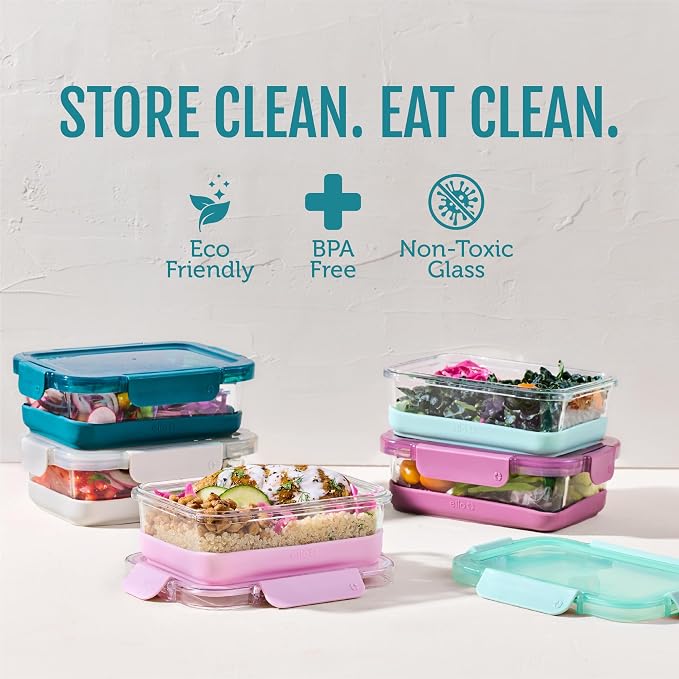 Ello Duraglass Refresh 3.4 Cup Meal Prep Containers, 10 Pc, Garden Goals | Glass meal prep container set with silicone boots, airtight leakproof BPA-free lids, microwave, freezer & dishwasher safe