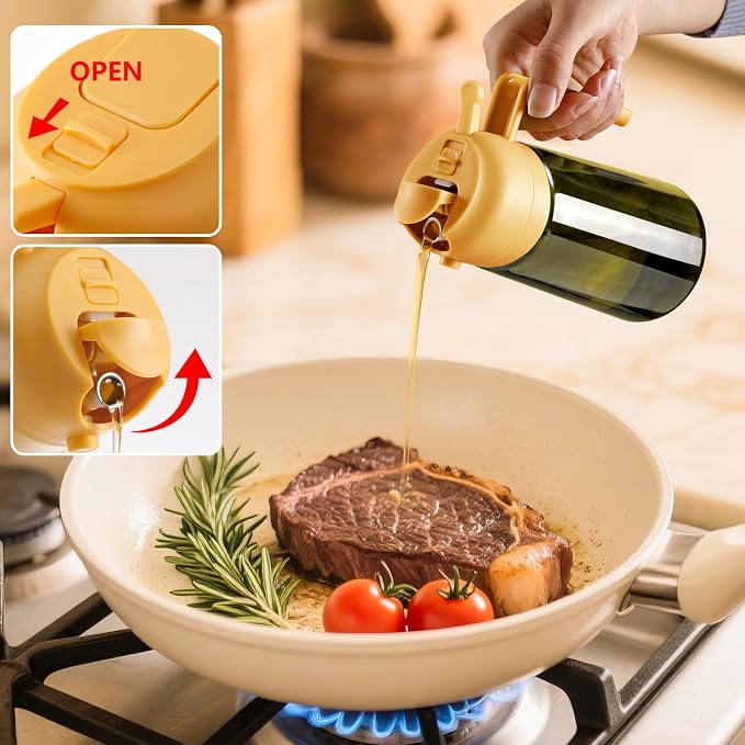 SWEET VIEW Olive Oil Dispenser and Oil Sprayer | 16oz/470ml Glass Light-Proof Oil Pourer for Kitchen Air Fryer, Cooking, Salad, and BBQ, with Stickers