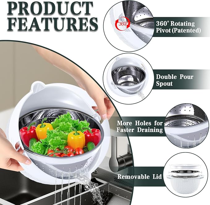 4-1 Colander with Bowl Set - Rotatable Colander for Kitchen(Patented) - Strainers and Colanders - Pasta Strainer with New Upgraded Graters for Fruit Veggie Fun Kitchen Presents - White