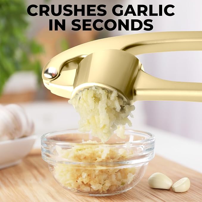 Zulay Kitchen Large Premium Garlic Press Set - Bigger Bowl for Bigger Garlic - Rust Proof Garlic Mincer Tool - Easy-Squeeze, Easy-Clean Silicone Garlic Peeler & Brush (Gold)