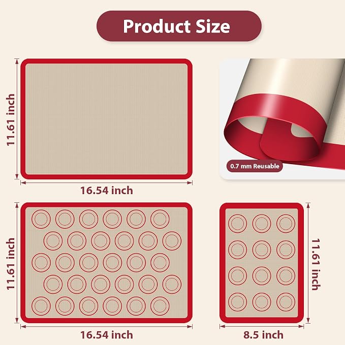 Macaron Silicone Baking Mats, Nonstick & Reusable, 3 PCS | 2 Half Sheets and 1 Quarter Sheet Mat, Easy to Clean, Silicone Macaroon Mat for Cookie, Red