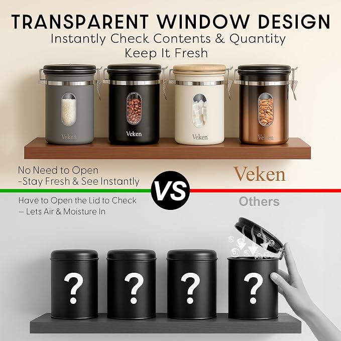 Veken Coffee Canister with Window,Airtight Stainless Steel Kitchen Food Storage Container, Date Tracker & Scoop for Grounds Coffee, Beans, Tea, Flour, Cereal,Sugar,22OZ,Grey (Pack of 2)
