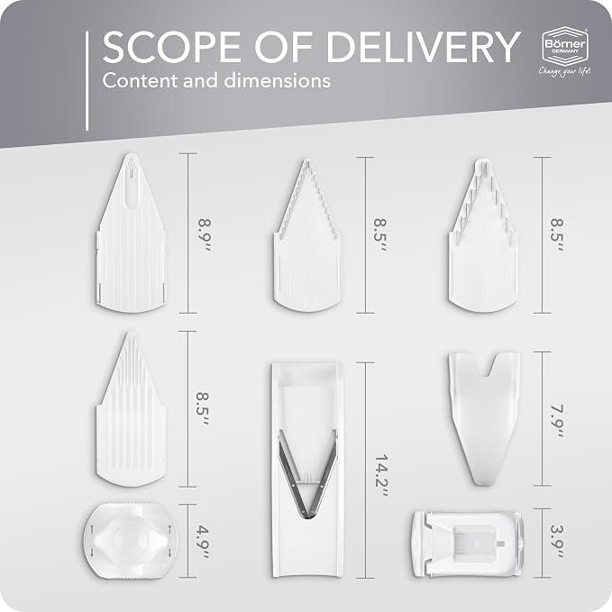 Börner Mandoline Slicer V1 (Professional Set) • V-Slicer with 4 Inserts, Fruit Holder, Docking Station, Box • Adjustable Vegetable Slicer • Cuts into Slices, Strips & Dices • Color: White