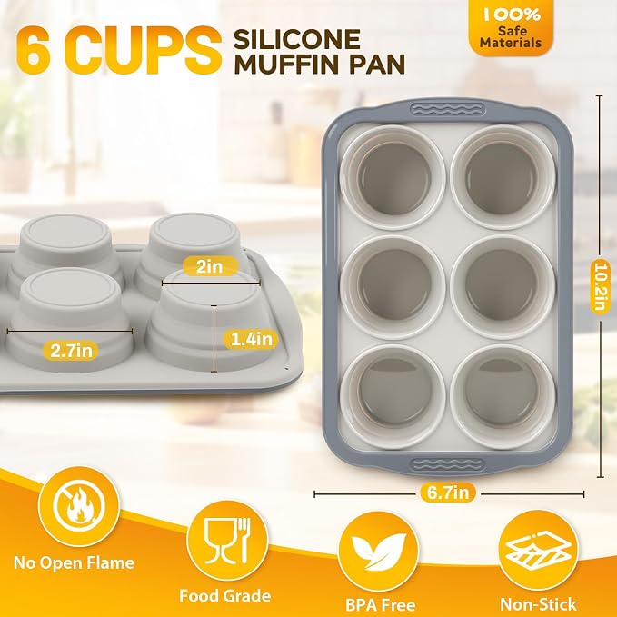 Silicone Muffin Pan, 6 Cups Non-Stick Cupcake Pan, Food-Grade BPA-Free Muffin Tin, Oven-Safe 450 °F, Reinforced Steel Frame, Easy-Grab Handles, Quick-Release 2.7" Baking Molds for Mini Treats