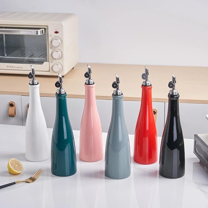 YOLIFE Olive Oil Dispenser Bottle, 15oz Ceramic Oil Dispenser for Kitchen | Oil Bottle with Gravity Spout, Leak Proof EVOO Dispensing Bottle with 2 Spouts and 1 Funnel for Vinegar, Juice(Red)