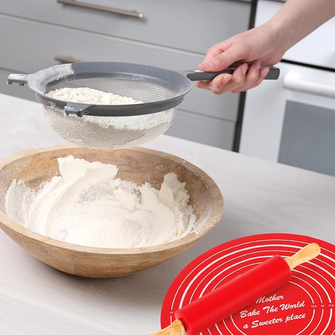 uxcell 6.7 Inch Silicone Rolling Pin and Pastry Baking Mat Set Small Dough Roller with Wood Handle for Pizza Pastry Fondant Home Kitchen, Red