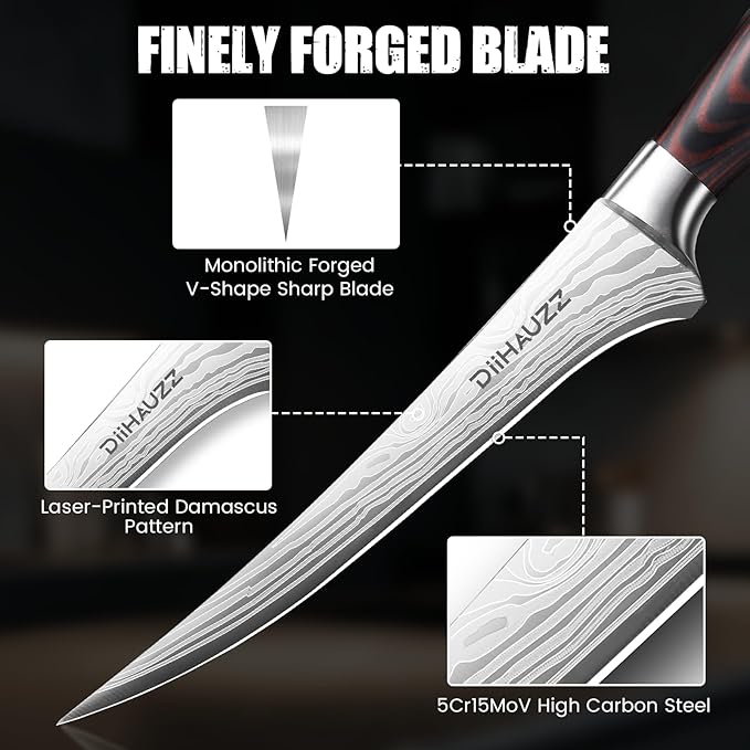 DiiHAUZZ 7 Inch Fillet Knife for Fish, Razor Sharp Boning Knife High Carbon Stainless Steel for Poultry Deboning and Meat Cutting, Japanese Filleting Knives with Ergonomic Pakkawood Handle, Sheath