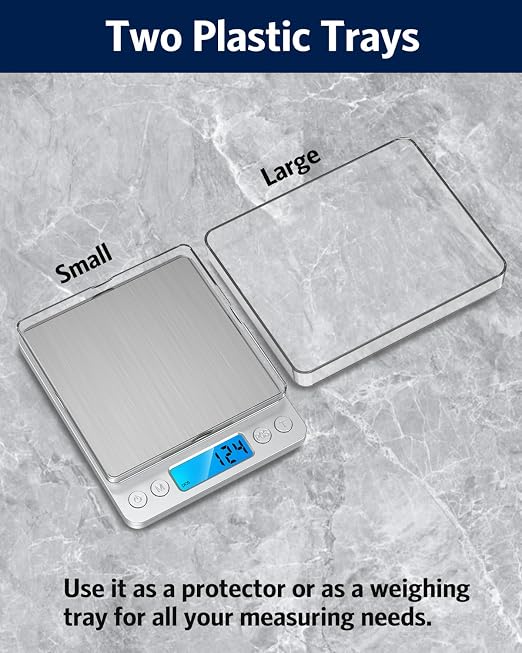 Digital Food Scale 500g/0.01g Gram Scale, Upgraded Mini Pocket Scale with 6 Units, 2 Trays, Auto Off, Tare, PCS for Food, Jewelry, Coin, Coffee (2 AAA Batteries Included)
