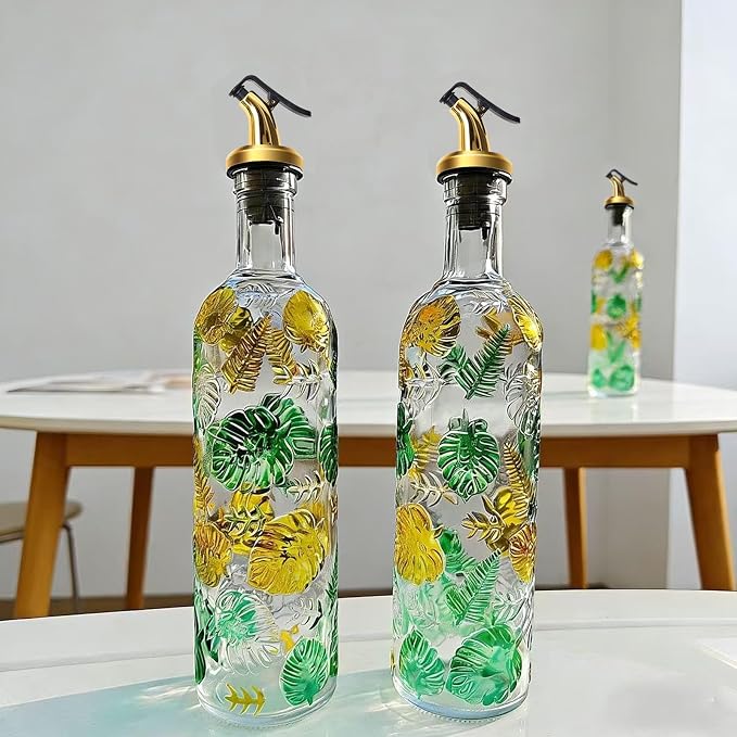 1 Pcs Olive Oil Dispenser Bottle for Kitchen,17oz Clear Glass Cooking Oil and Vinegar Dispenser Set, Coffee Syrup Dispenser with 1 Pourers and 1 Funnel (One colorful circle)