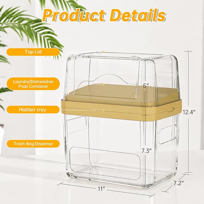 2-in-1 Trash Bag Dispenser & Laundry/Dishwasher Pods Container, Clear Acrylic Garbage Bag Holder with Removable Lids, Under Sink Organizer Kitchen Pantry Storage Box