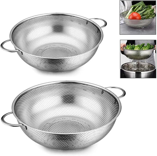 Colander Set of 2, Heavy Duty Stainless Steel Micro-Perforated Strainer Mesh Colander with Handle for Draining Rinsing Washing Pasta Vegetables Fruits, Dishwasher Safe -3/5 Quart