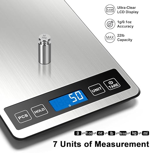 Fuzion Food Scale, 22lb/0.1oz Digital Kitchen Scale - 7 Units, Tare & PCS | Rechargeable Power, Tempered Glass & Stainless Steel - Digital Food Scale Grams and Ounces for Weight Loss, Baking, Cooking