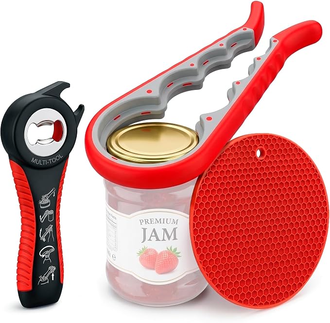 Silicone Jar Opener Set for Seniors, 2 Openers, Non Slip Rubber Pad | Ergonomic Long Handles Add Extra Leverage for Weak Hands - Opens Twist Off Caps Up to 2.7 Inch Wide, Sauce and Canning Jars