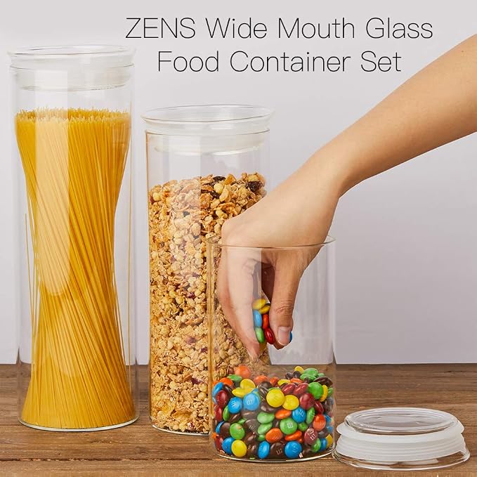 ZENS Glass Jars with Airtight Lid Set of 2, 37oz Kitchen Storage Jars | Clear Glass Canisters with Airtight Lids, Thick Borosilicate Glass Airtight Containers for Cereal, Dry Food Storage