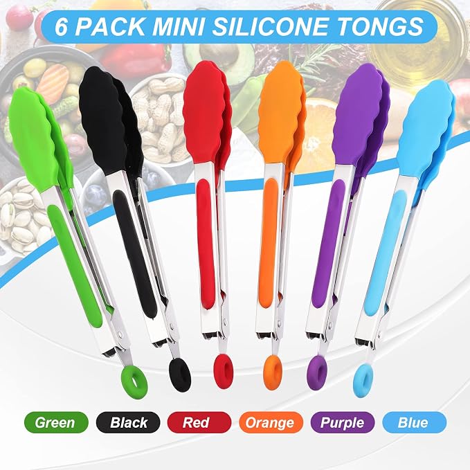 6Pack Kitchen Tongs,7 Inch Small Silicone Tong,Serving Tongs with Silicone Tips Sliding Rings,Stainless Steel Food Cooking Tong for Cooking Serving BBQ Grilling Salad(Multicolor)