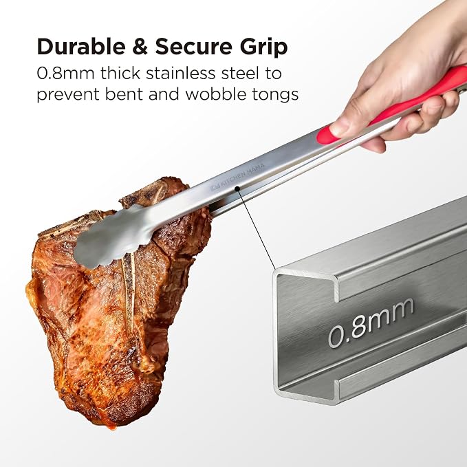 Kitchen Mama DuoEssentials Cooking Tongs Set, Red | Silicone Tip, Stainless Steel, Locking Ring, Heat Resistant, Non Stick Cookware Safe
