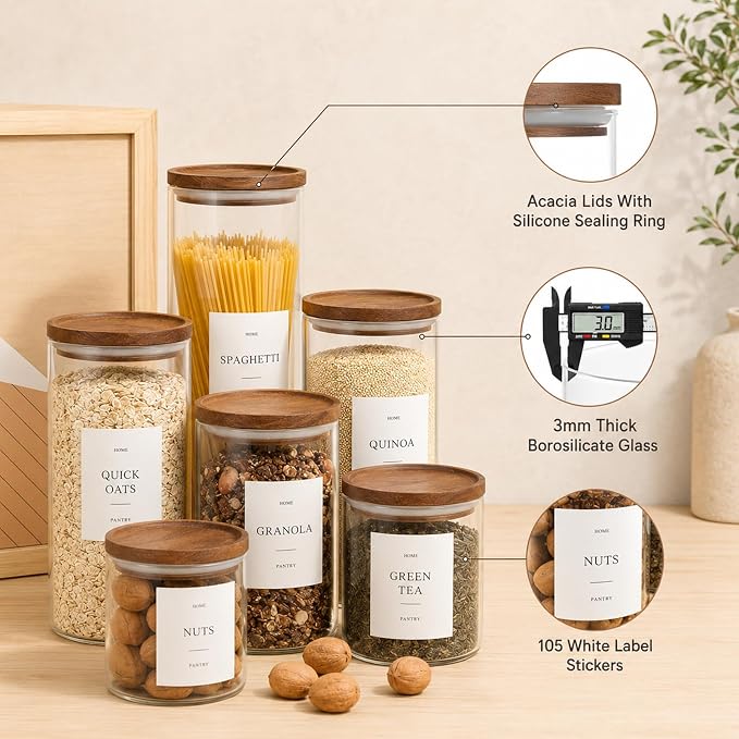 6 Pack Glass Jars with Acacia Lids, 21oz Pantry Airtight Storage Containers | Glass Kitchen Canisters with 105 Labels, Food Storage Containers for Pantry with Wood Lids for Coffee, Tea, Sugar, Spice