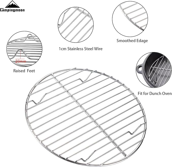 Campingmoon 12 Inch Round Cooling Rack, 304 Stainless Steel for Dutch Oven | 4 Raised Feet 0.8", Rust-Resistant, for Baking, Steaming, Roasting, BBQ, Fits 12" Dutch Oven, Pot & Air Fryer