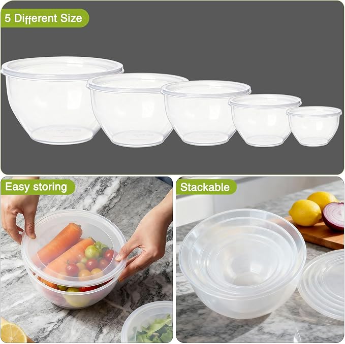 Greentainer Plastic Mixing Bowls with Lids Set for Kitchen, 5 Set Nesting Bowls for Mixing, Baking, Prepping, Cooking and Serving Food, Mixing Bowls Dishwasher, Microwave Safe